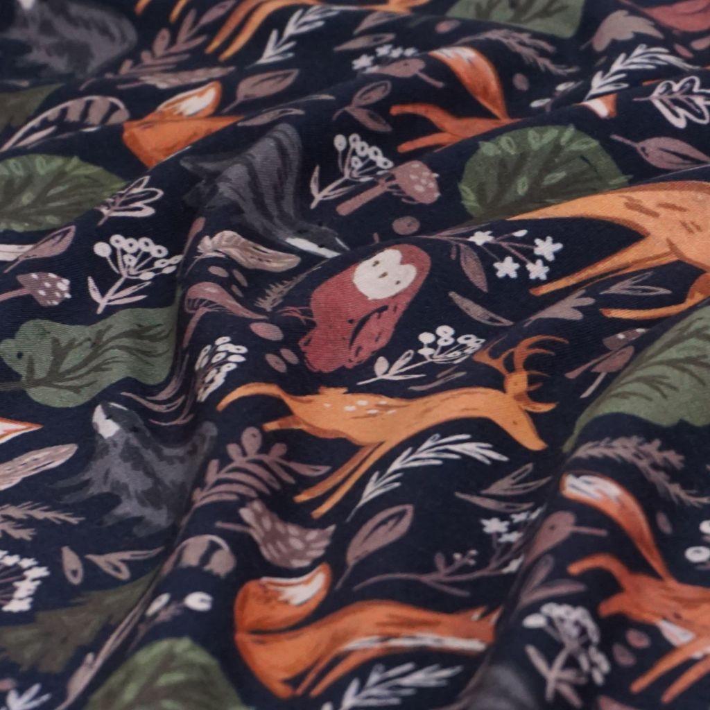 Stretch-Sweat leicht Waldtiere Eule Fuchs Reh dunkelblau